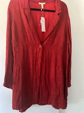 Eileen Fisher Deep Red Linen Button-Front Shirt Jacket